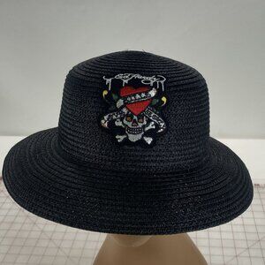 Ed Hardy~ Embroidered Black Straw/Paper Bucket Hat~OSFM